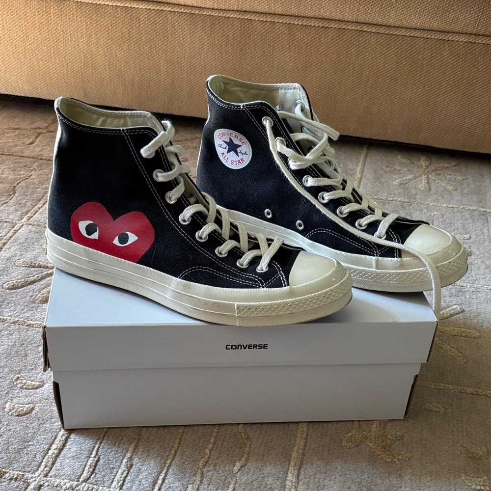 Converse Black High-Tops with Red Heart Design. Comme des Garcons.